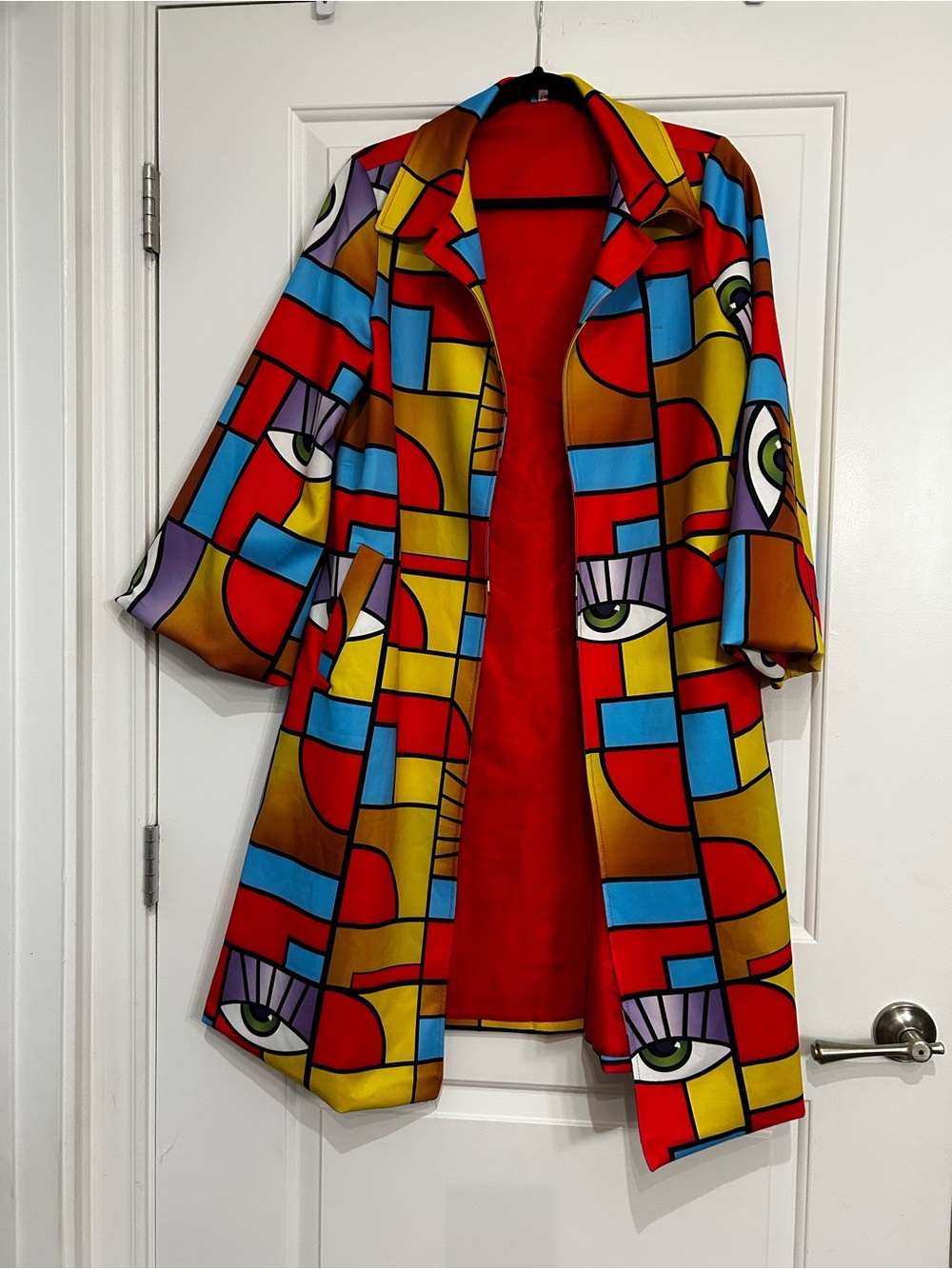 Colorblock Eye-Print Long Coat - Red, Blue & Yellow